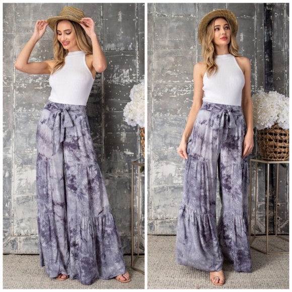 Eesome Smoky Purple Gray High Waist Tiered Flared Tie Dye Wide Leg Palazzo Pants - Picture 2 of 15